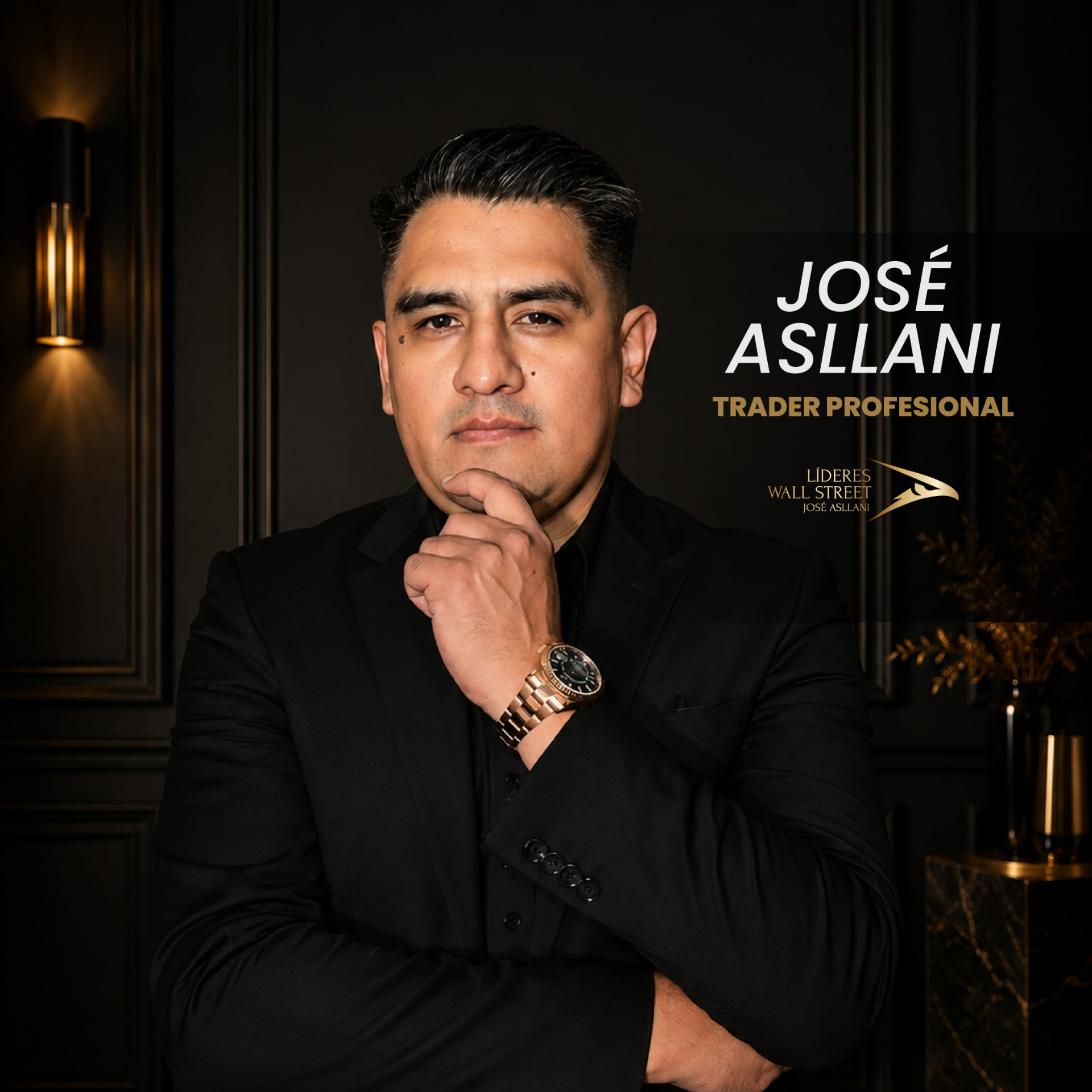 José Asllani, trader profesional y fundador de Líderes Wall Street, retrato en negro y dorado